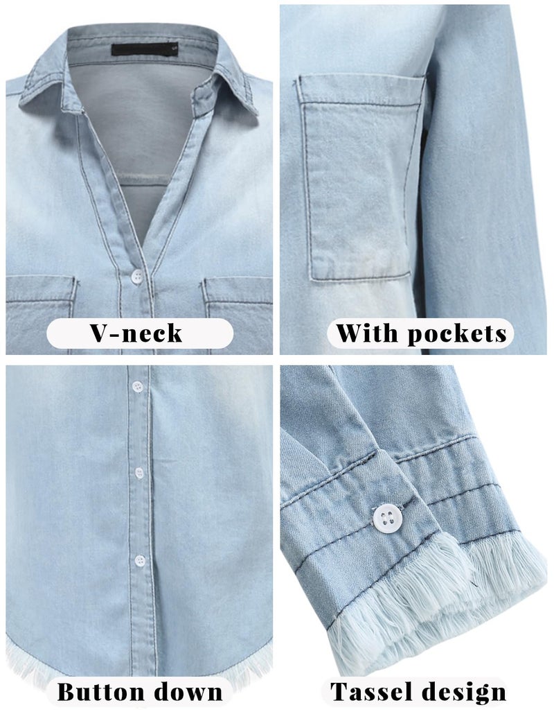 Zilcremo Women Denim Shirt Dresses Long Sleeve Distressed Jean Dress Button Down Casual Tunic Top Lightblue XL - Image 4